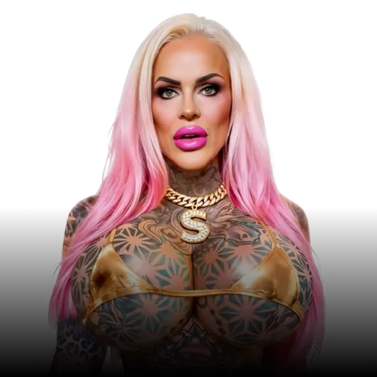 Person with long pink ombre hair, bold pink lipstick, extensive floral tattoos, wearing a gold bikini top and a large gold chain necklace with a diamond-encrusted 'S' pendant.