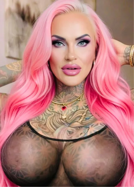 Woman with long pink hair wearing a sheer black top, showing extensive tattoos, posing with hands behind her head.