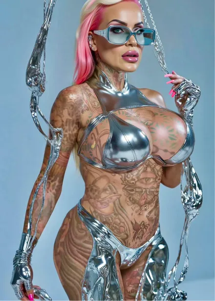 Woman with pink hair wearing reflective silver metallic bikini and gloves, large blue sunglasses, and extensive tattoos, against a blue background.