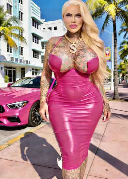 Blonde woman with tattoos wearing a tight pink dress standing on a sunny street with palm trees and a pink car behind her.