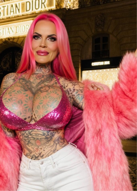 Woman with long bright pink hair, extensive tattoos, wearing a sparkly pink bikini top, white pants, and a pink fur coat, standing in front of a building with Christian Dior signs.