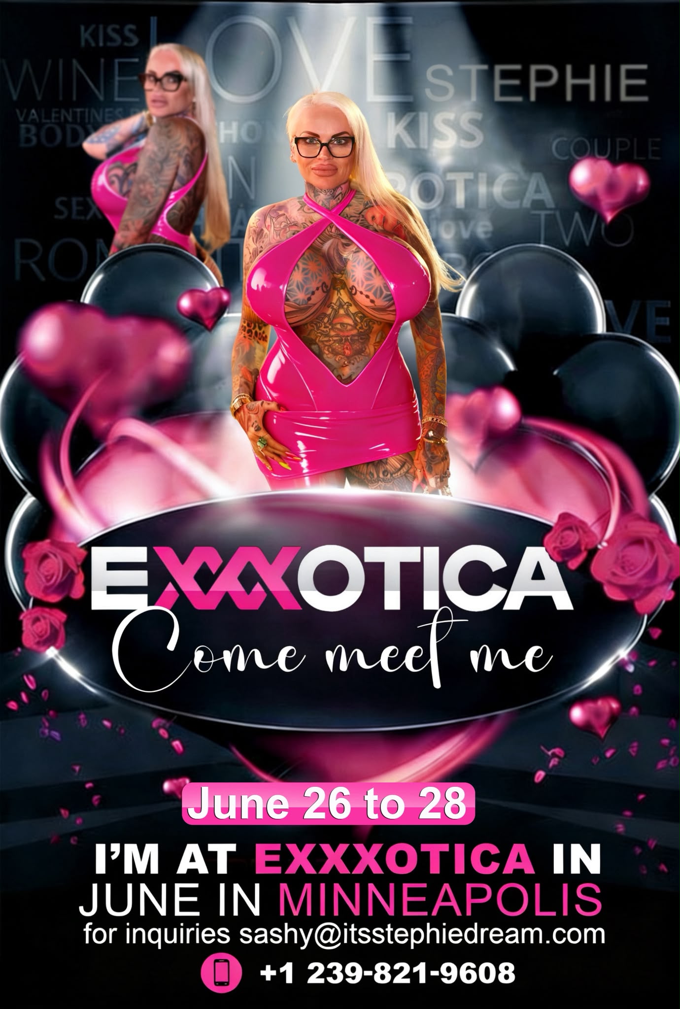 Tattooed woman with long blonde hair in pink bikini posing with a Miami cityscape and palm tree background, promotional text about attending XBIZ event May 11-14 and booking contact details.