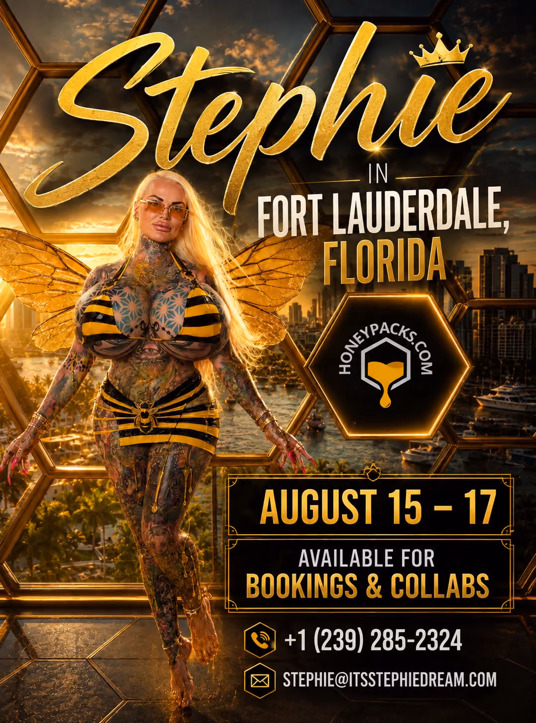 Tattooed woman with long blonde hair in pink bikini posing with a Miami cityscape and palm tree background, promotional text about attending XBIZ event May 11-14 and booking contact details.