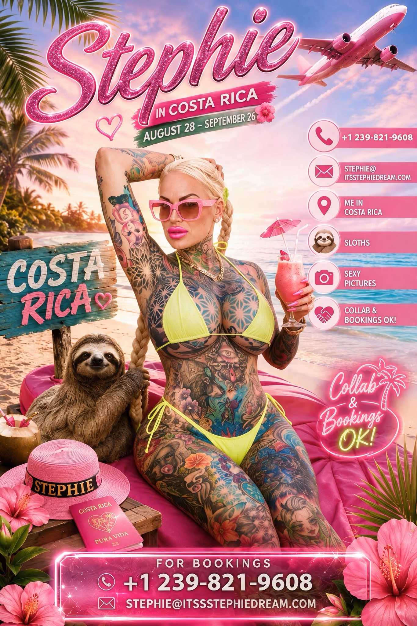 Tattooed woman with long blonde hair in pink bikini posing with a Miami cityscape and palm tree background, promotional text about attending XBIZ event May 11-14 and booking contact details.