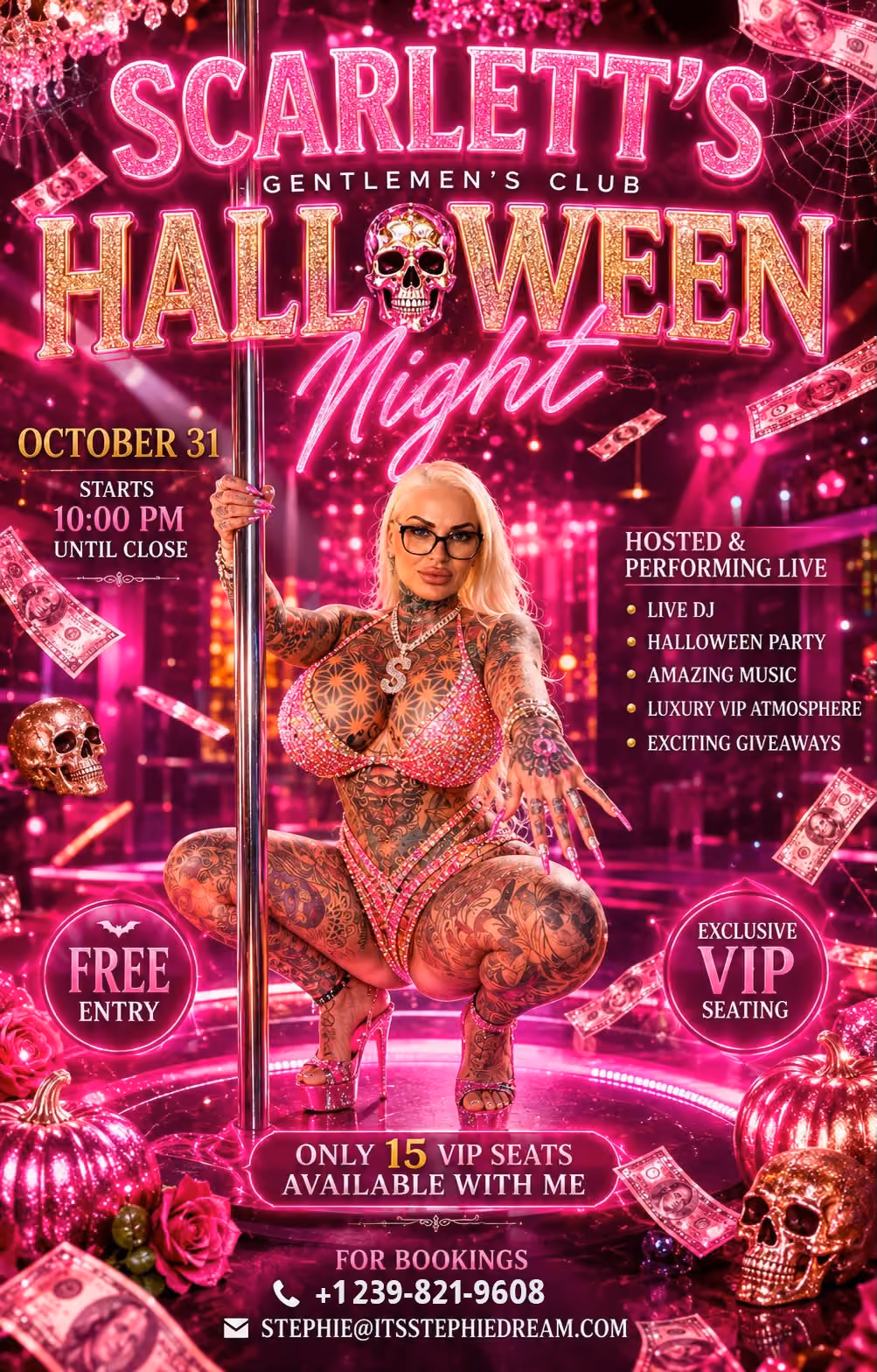 Tattooed woman with long blonde hair in pink bikini posing with a Miami cityscape and palm tree background, promotional text about attending XBIZ event May 11-14 and booking contact details.