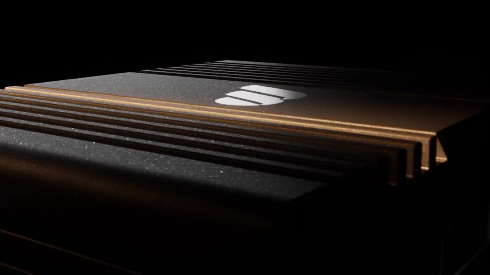 The EmberNode: the camera glides along its fins and comes round to the front as its four status lights switch on.
