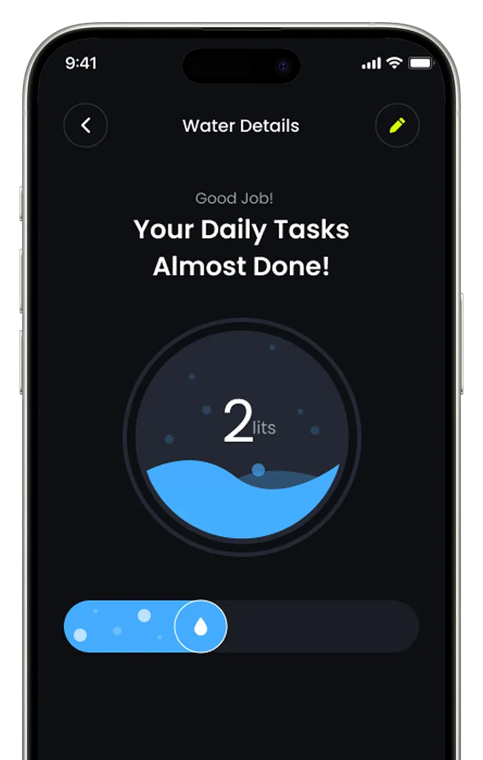 Health app interface showing water intake tracking progress.
