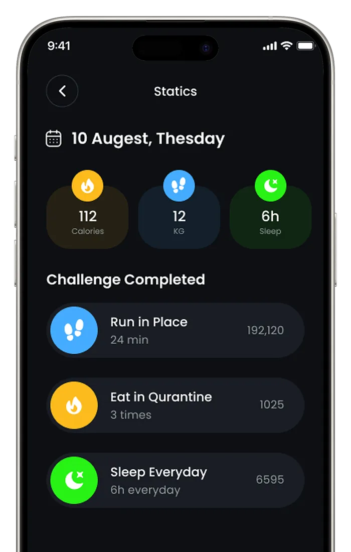 Fitness app interface showing daily goals and progress tracker.
