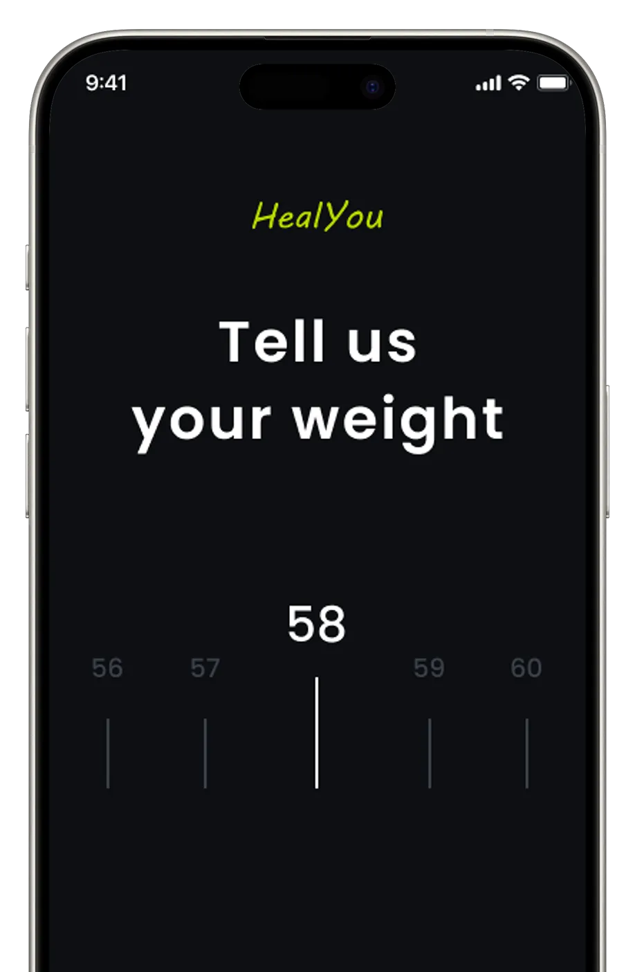 Fitness app screen asking user to enter weight in kilograms.
