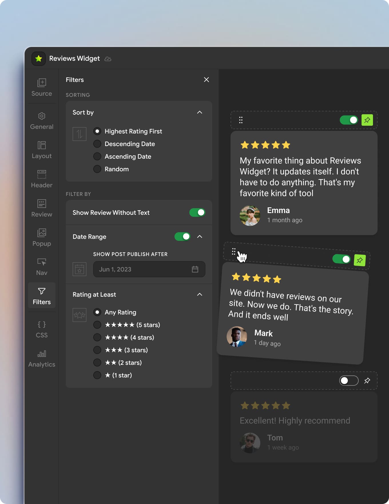 Drag and drop interface for pinning, sorting, and reordering customer reviews in the Reviews Widget