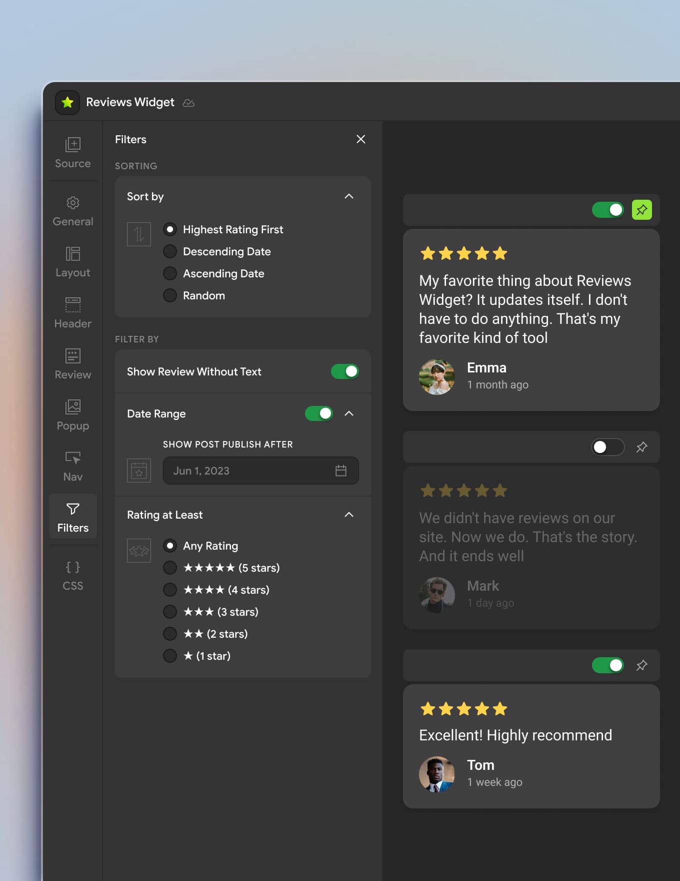 Mirror App Google Reviews Widget — drag and drop interface for pinning, sorting, and reordering customer reviews