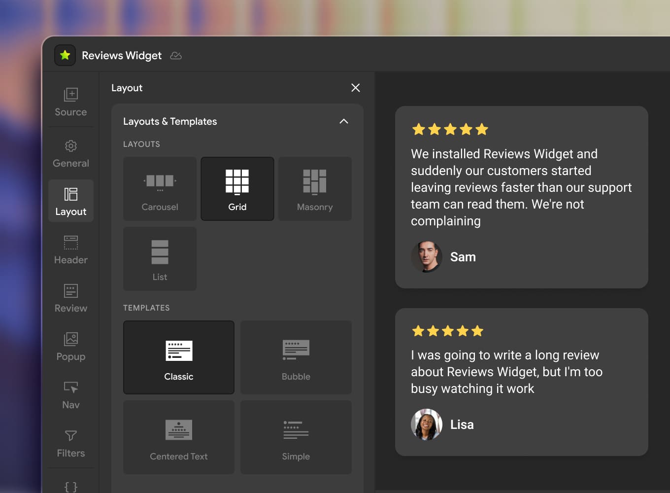Mirror App Google Reviews Widget — layout options including grid, slider, carousel, and list view for displaying customer reviews