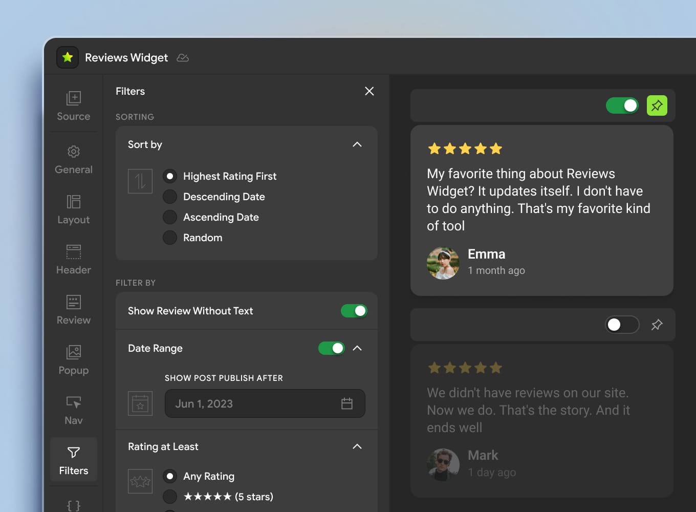 Mirror App Google Reviews Widget — drag and drop interface for pinning, sorting, and reordering customer reviews