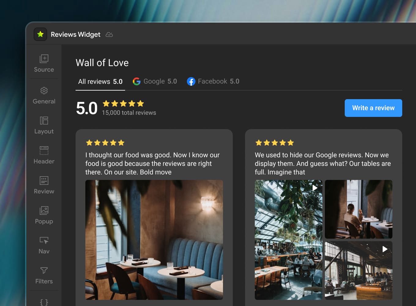 Write a Review button in the Reviews Widget — customers leave feedback on Google or Facebook directly from your website