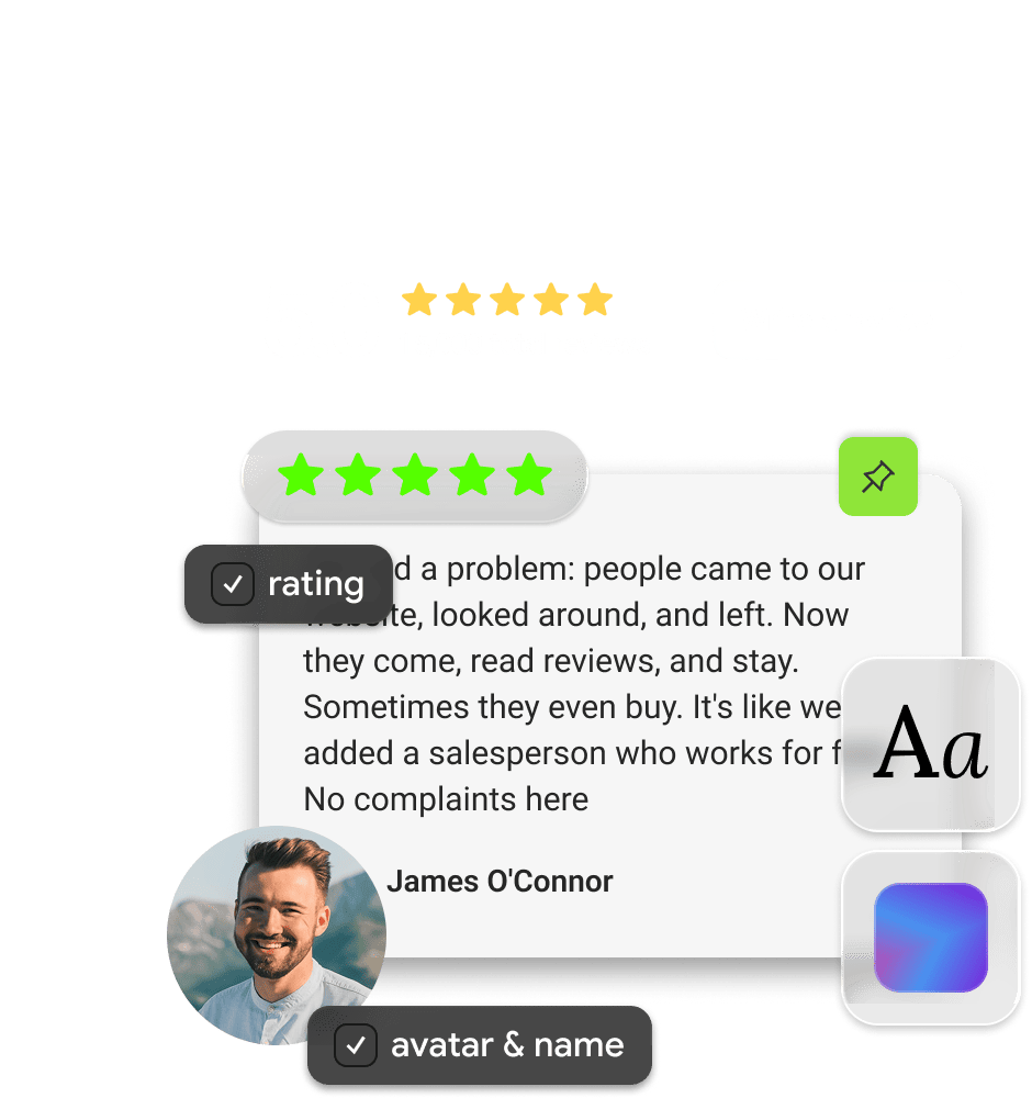 Mirror App Reviews Widget — customer reviews with star ratings, reviewer names, and review text displayed on a website