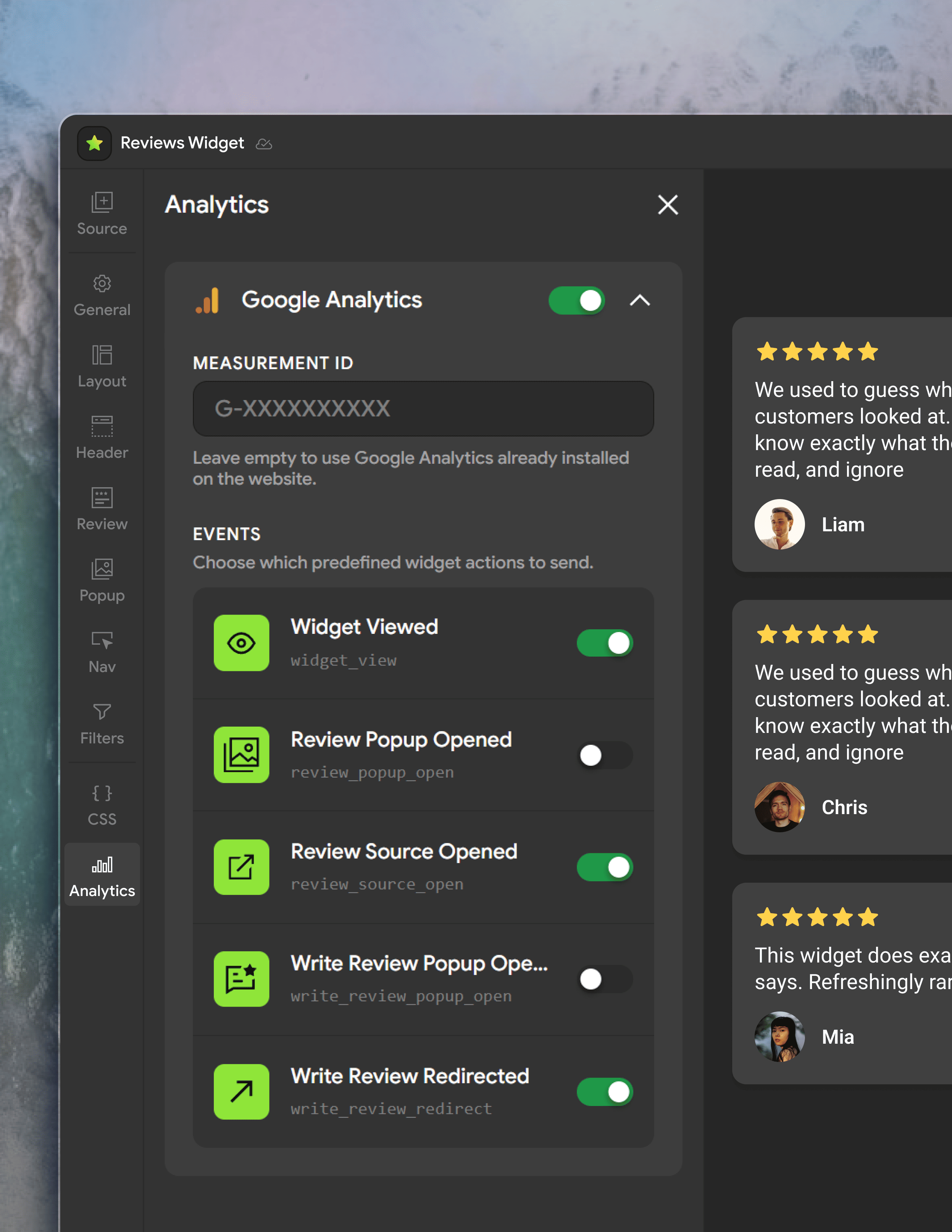 Mirror App Google Reviews Widget — Google Analytics tracking interface showing widget views, review opens, source clicks, and Write a Review interactions