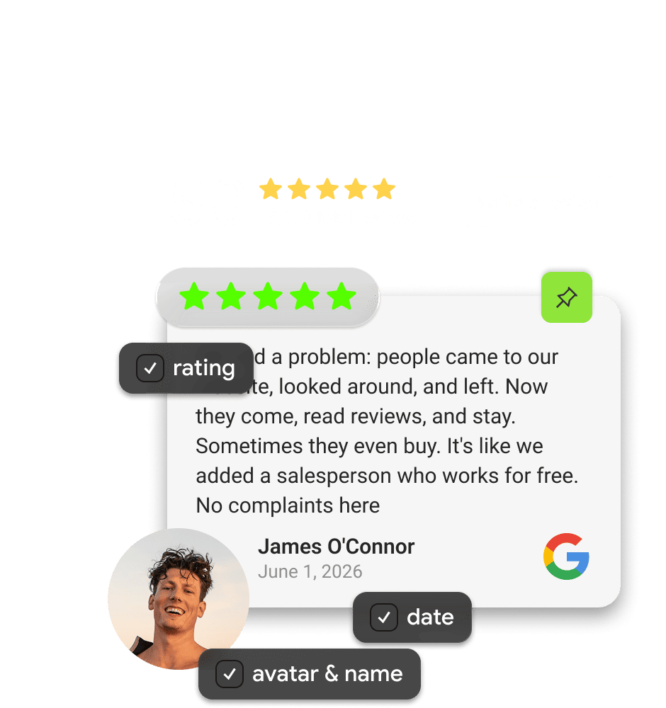 Mirror App Google Reviews Widget — customer review with star rating, reviewer name, review text, and platform logo displayed on a website