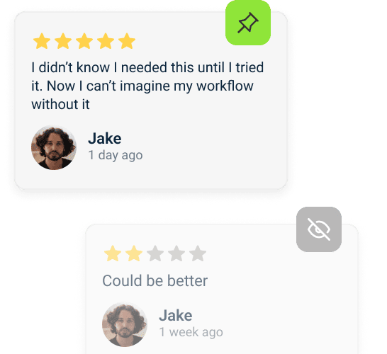 Mirror App Google Reviews Widget — control panel for selecting, filtering, and sorting customer reviews before displaying them on the website