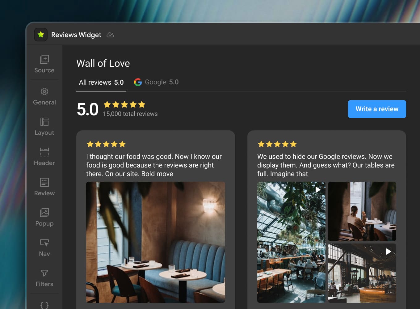 Mirror App Google Reviews Widget — Write a Review button directing customers to leave feedback on Google directly from the website