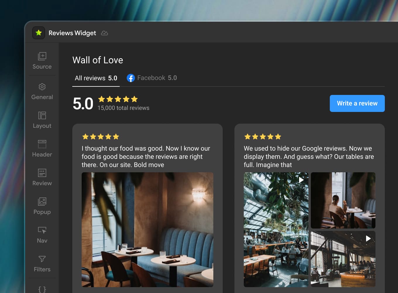Mirror App Facebook Reviews Widget — Write a Review button directing customers to leave feedback on Facebook directly from the website