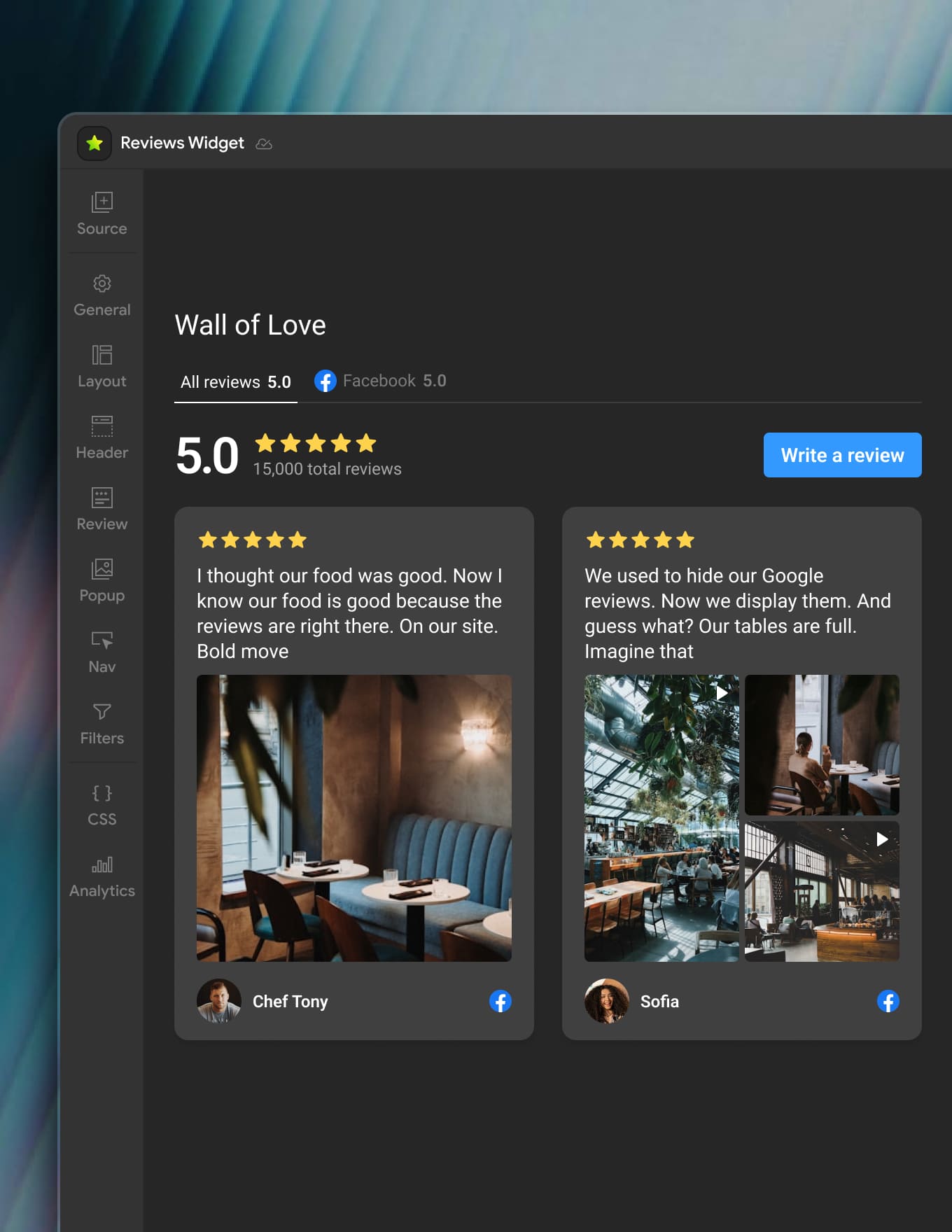 Mirror App Facebook Reviews Widget — Write a Review button directing customers to leave feedback on Facebook directly from the website