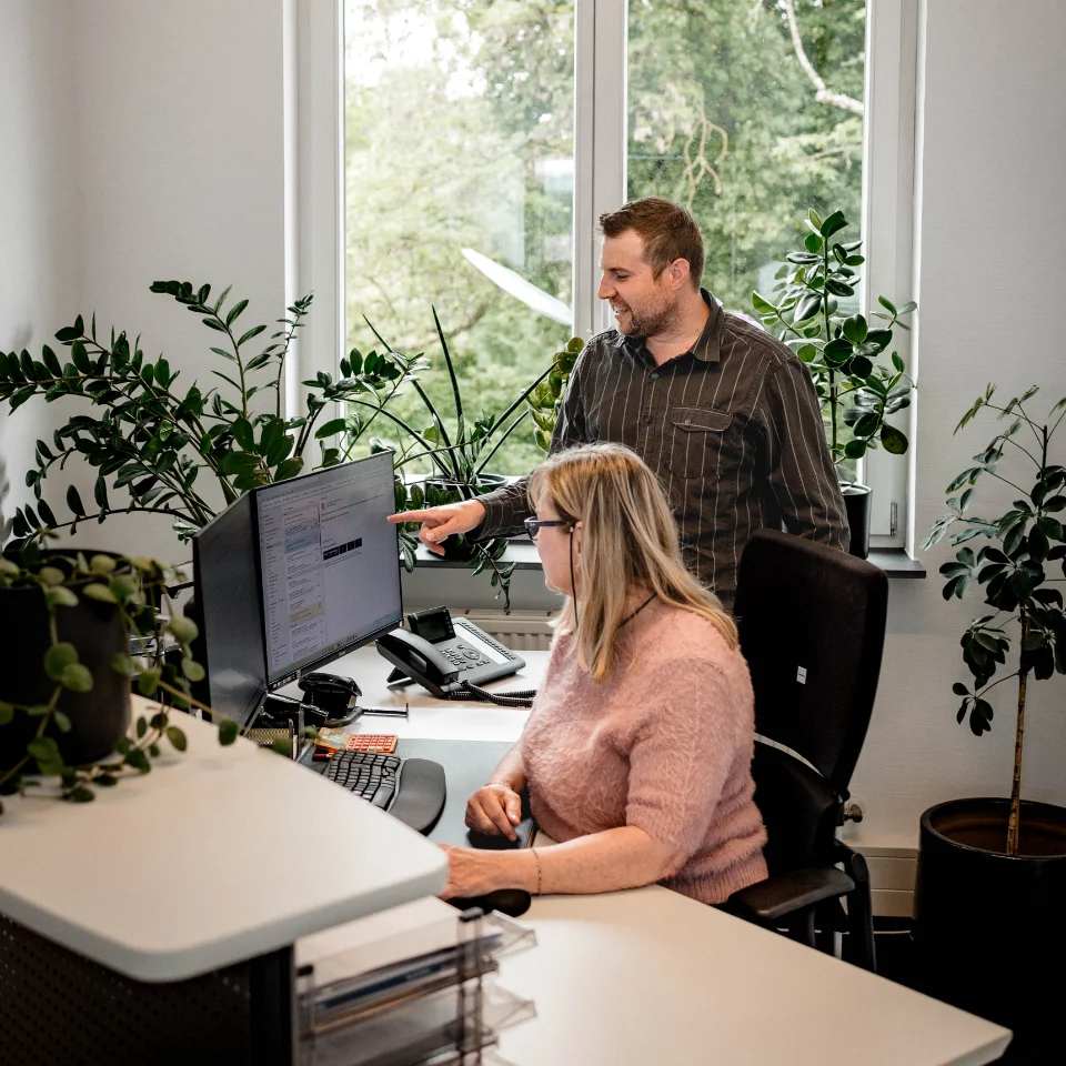 Mann erklärt sitzender Frau am Computerbildschirm im Büro mit Pflanzen vor Fenster.