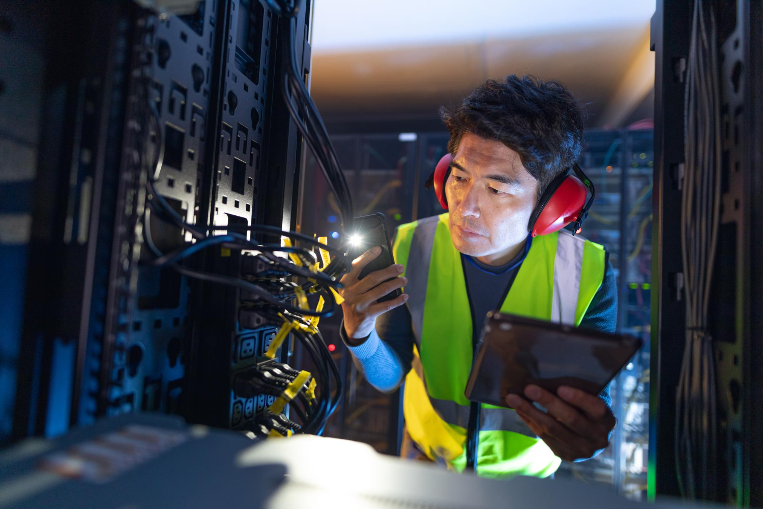 aintenance technician analyzing equipment performance data on mobile device in control center