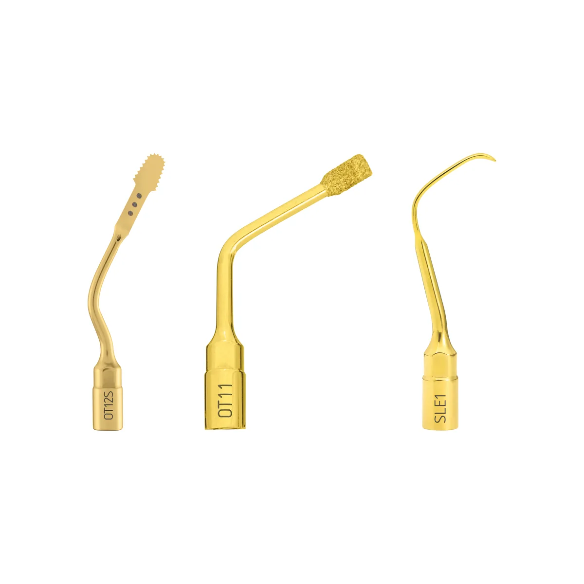 三支金色 PIEZOSURGERY® Insert 骨刀頭：OT12S、OT11、SLE1