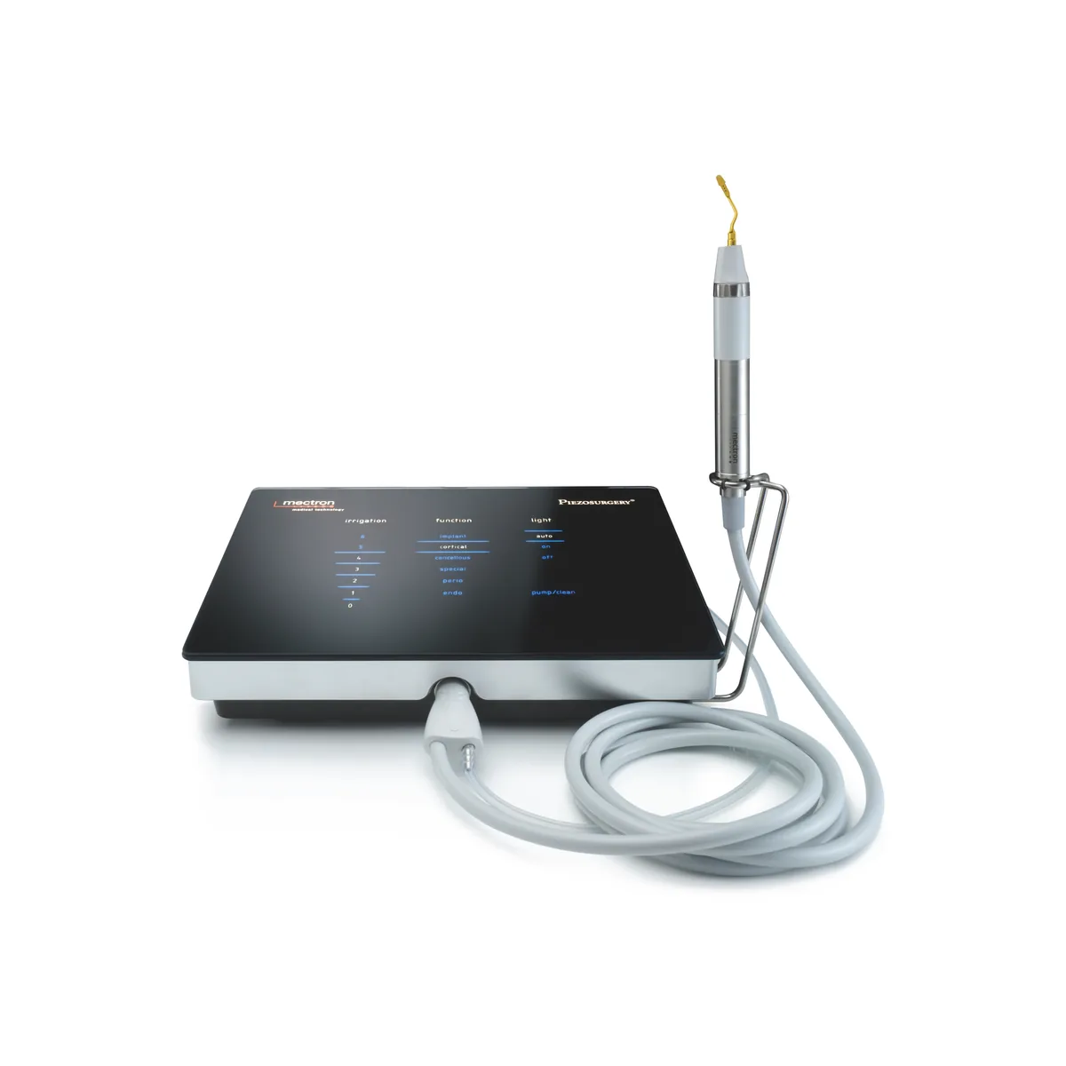 PIEZOSURGERY® touch 主機正面，手術手機置於支架上