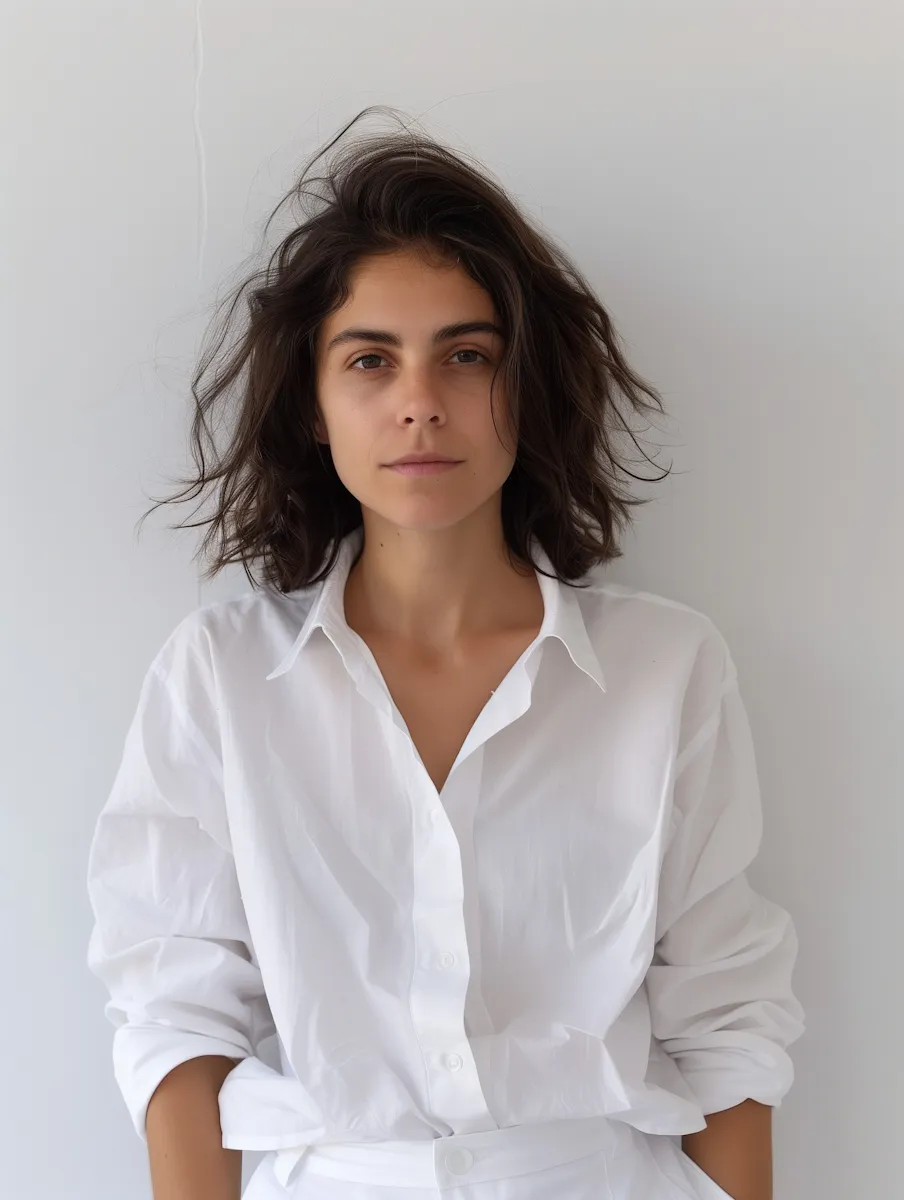 Young woman with tousled dark hair wearing a white button-up shirt against a plain light background.