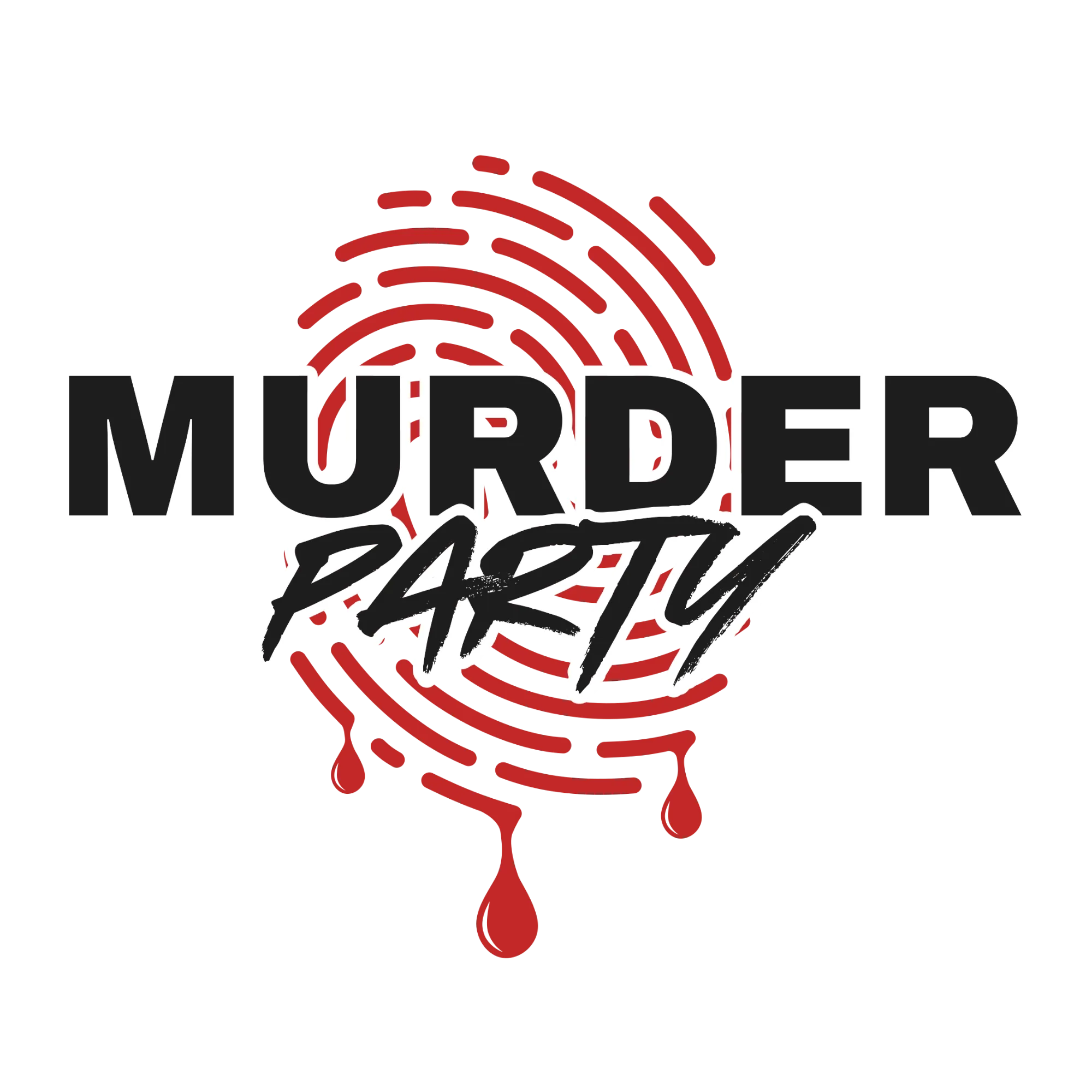 Logo avec empreinte digitale rouge qui saigne et texte 'MURDER PARTY' en noir et blanc.