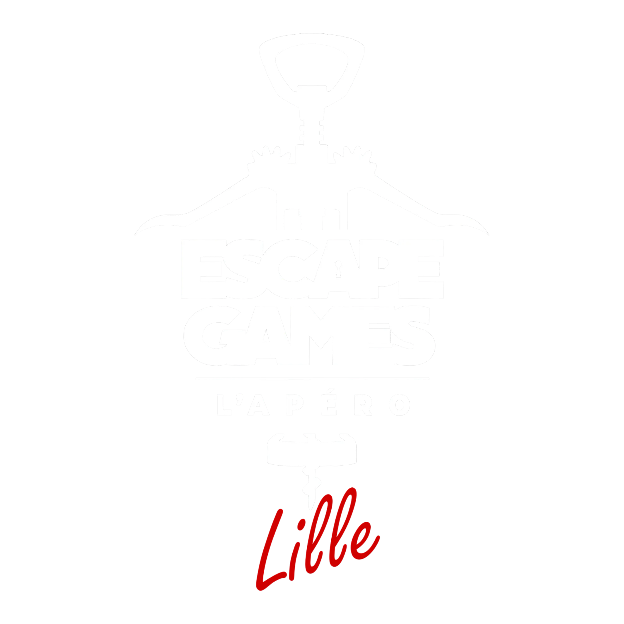 Logo blanc d'un tire-bouchon avec les mots Escape Games, L'Apéro, et Lille en rouge sur fond noir.