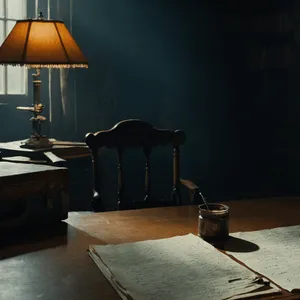 Murder party locked box
Une lampe allumée éclaire un bureau en bois avec une chaise, des papiers ouverts et une encre sur le côté.