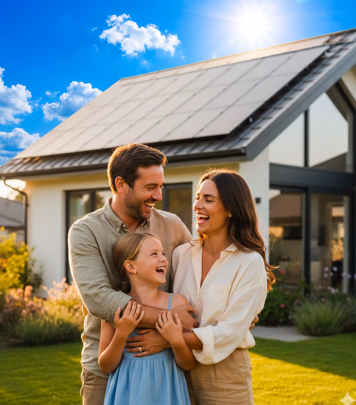 Famille devant maison avec panneaux solaires