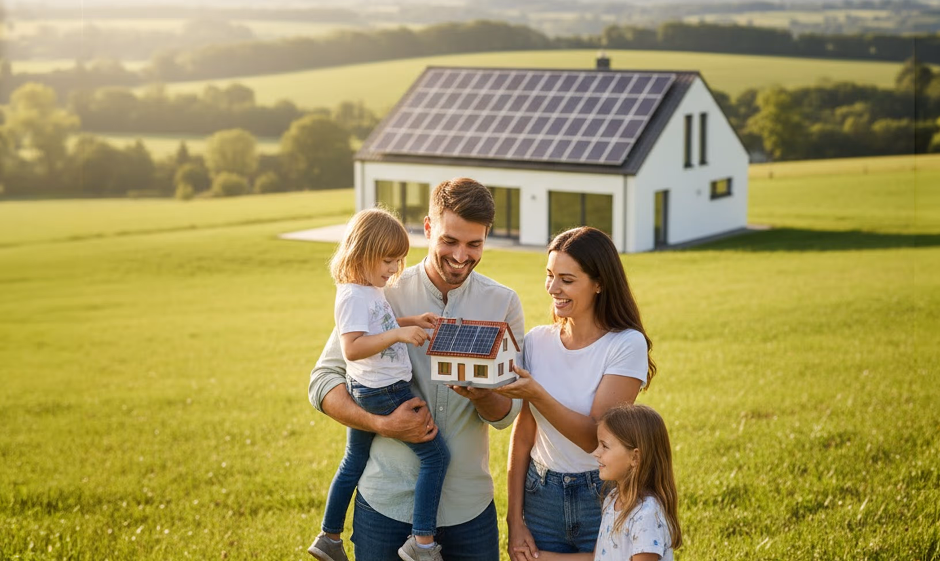 Famille devant maison rénovée avec panneaux solaires
