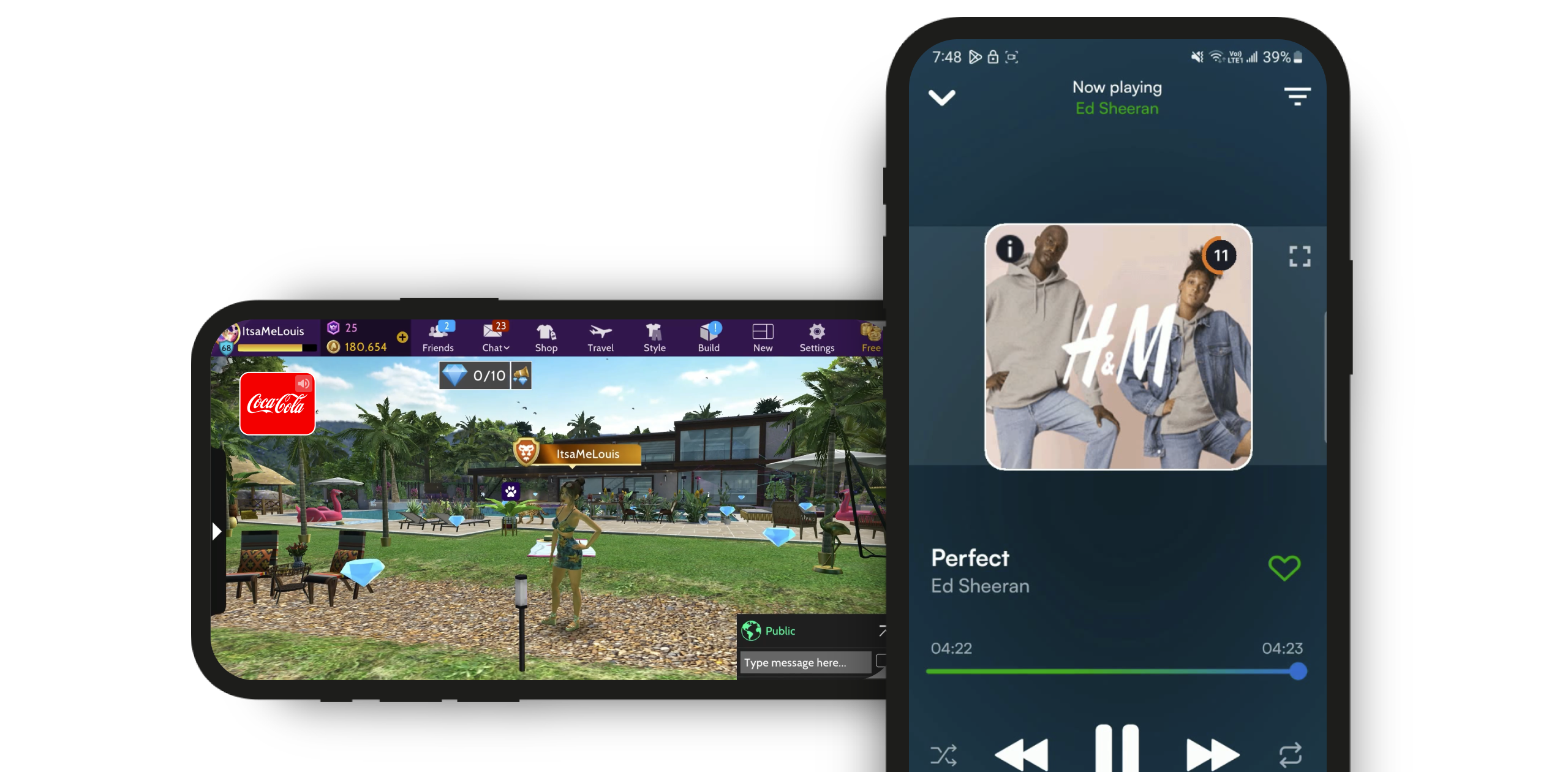 Two phones showing how audio ads can be integrated. On the left, audio ads have been integrated into a game. On the right, the audio ad plays within a music streaming app at the end of a song.