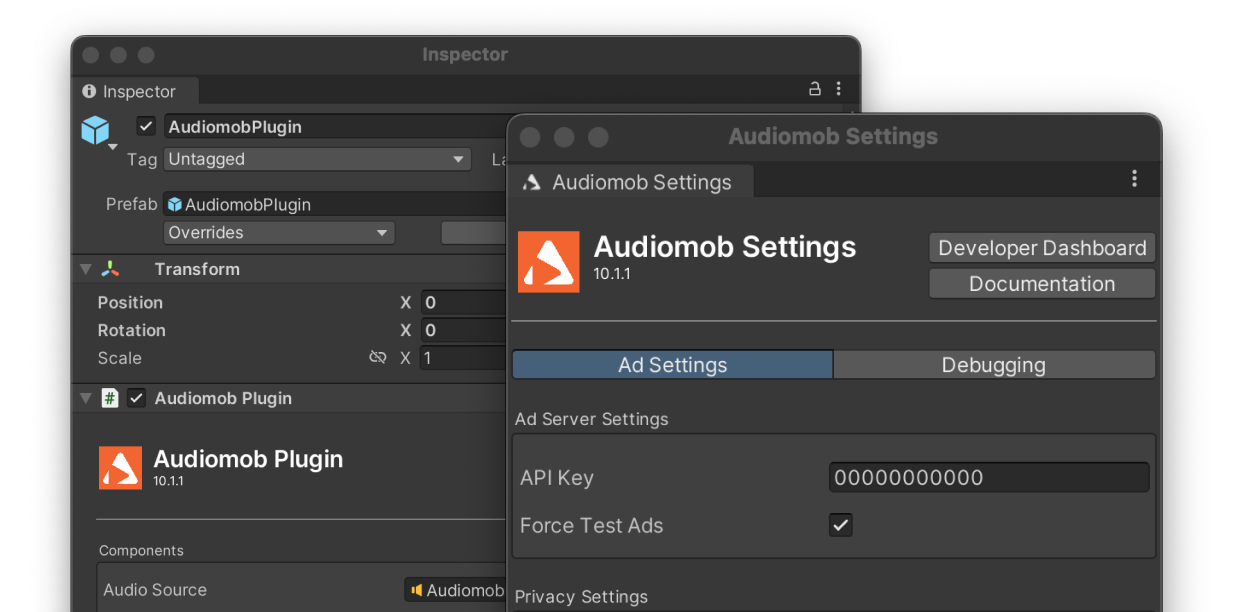 The UI of the Audiomob Unity Plug-in