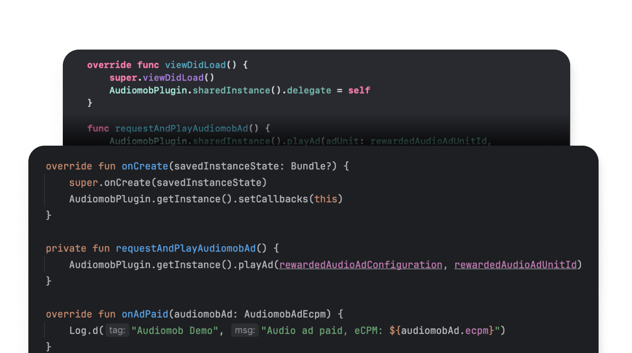 Code snippets from the iOS and Android SDK's