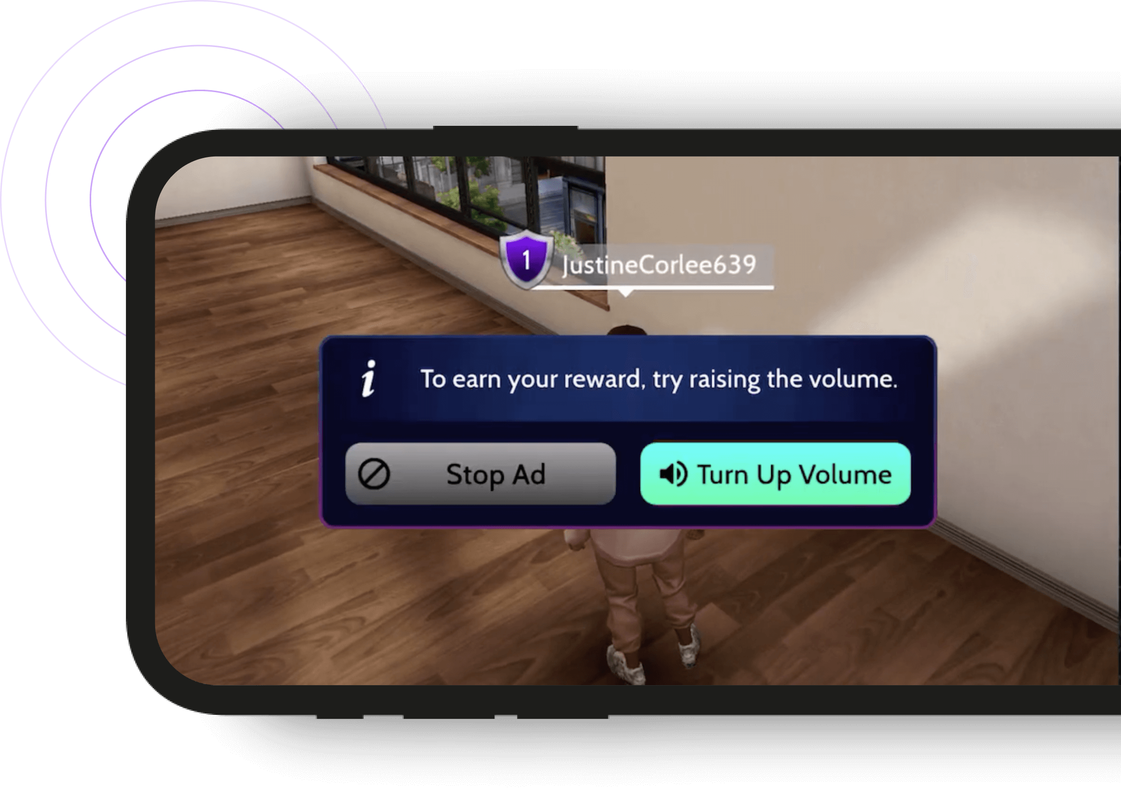 An example of Volume Detection - if the volume is too low, a message appears. Increase the volume to hear the audio ad.