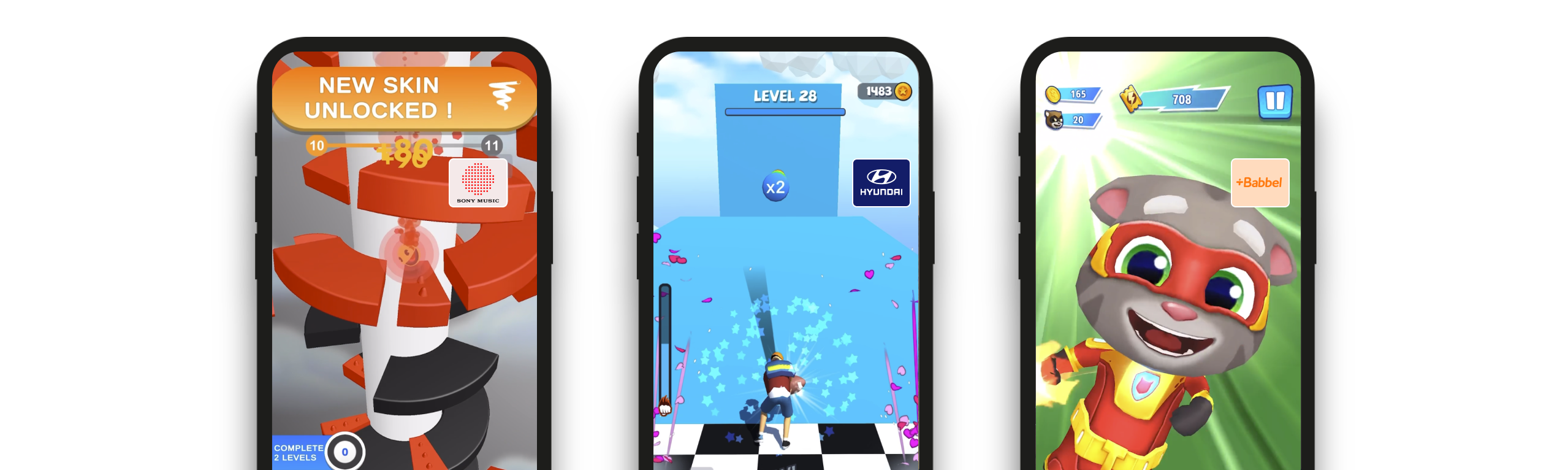 Three images of games using "Moments"; Unlocking a reward, completing a level, and using a power-up.