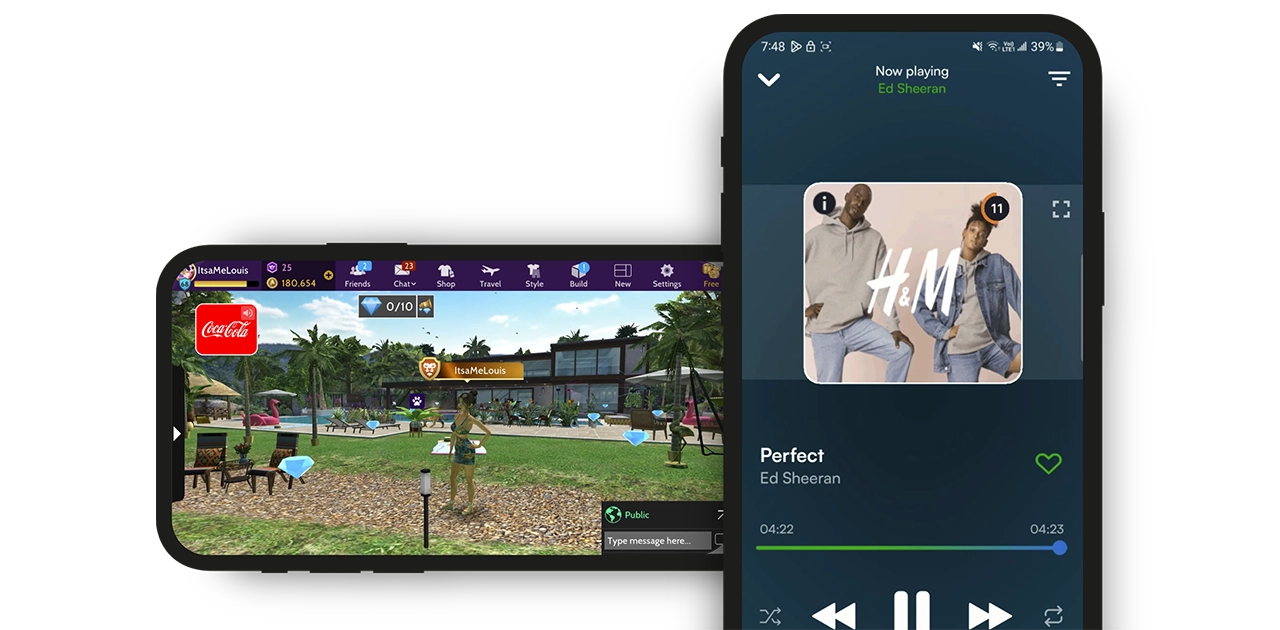 Two phones showing how audio ads can be integrated. On the left, audio ads have been integrated into a game. On the right, the audio ad plays within a music streaming app at the end of a song.