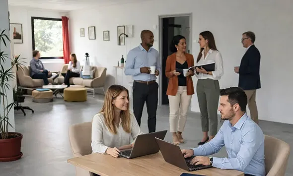 Office scene with two people working on laptops at a table in the foreground and four people standing and sitting, conversing in the background.