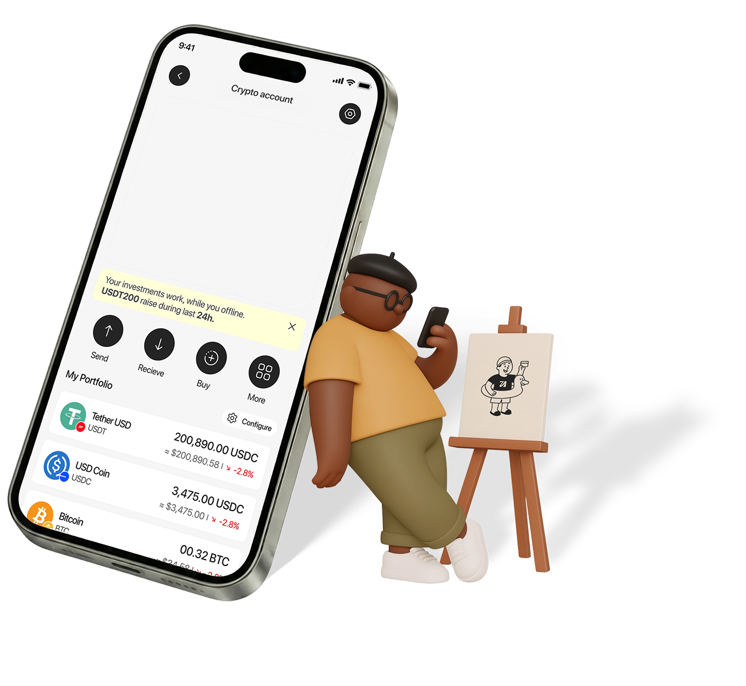 Normies crypto wallet interface showing self-custody with no seed phrase required