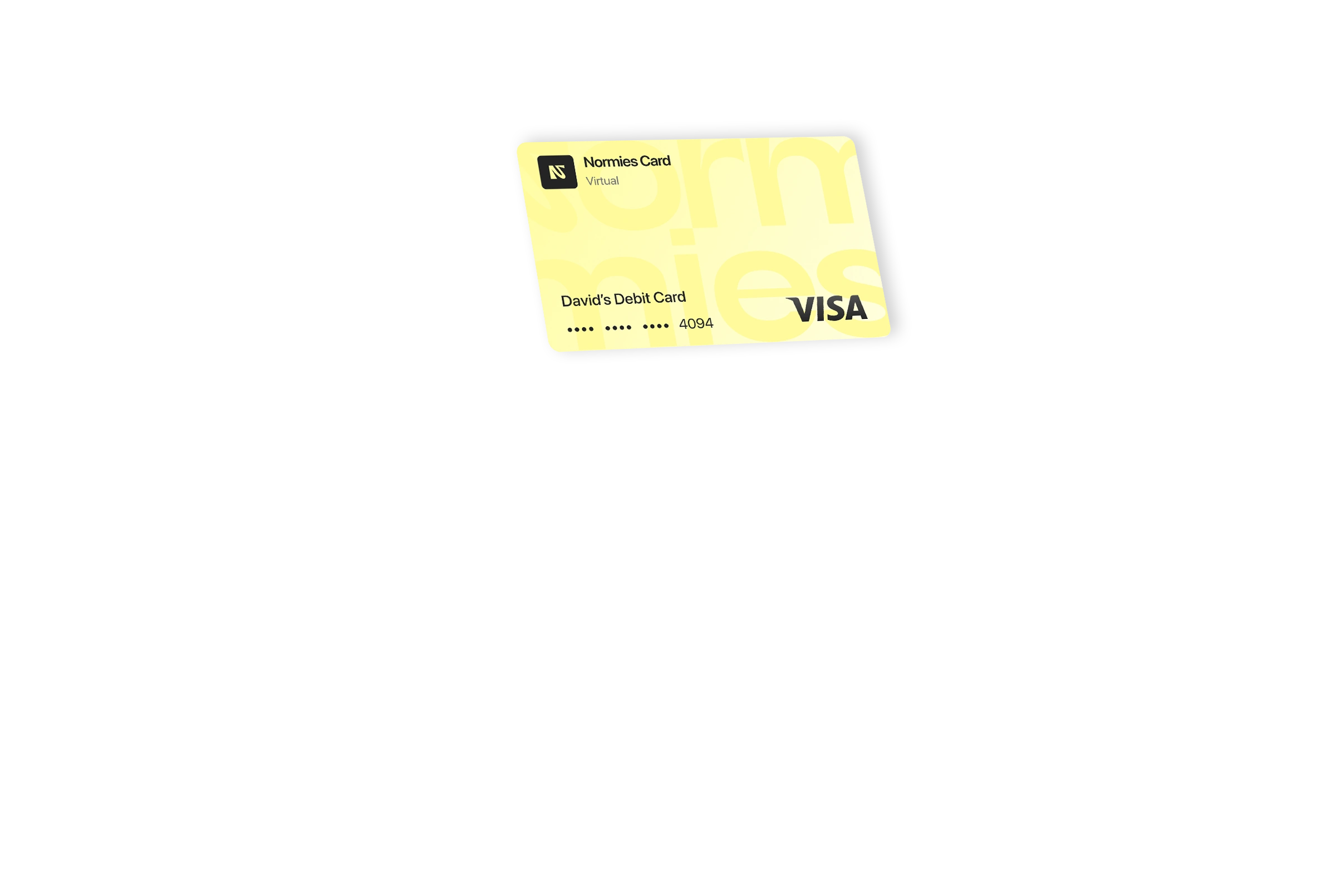 Normies card parallax view showing yellow debit card design with cashback benefits