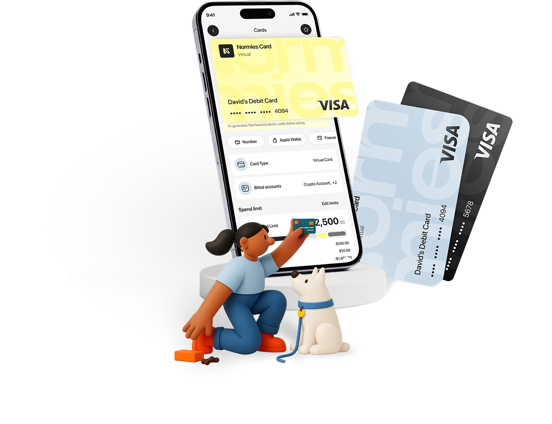 Normies debit card mobile view — spend stablecoins anywhere with zero fees