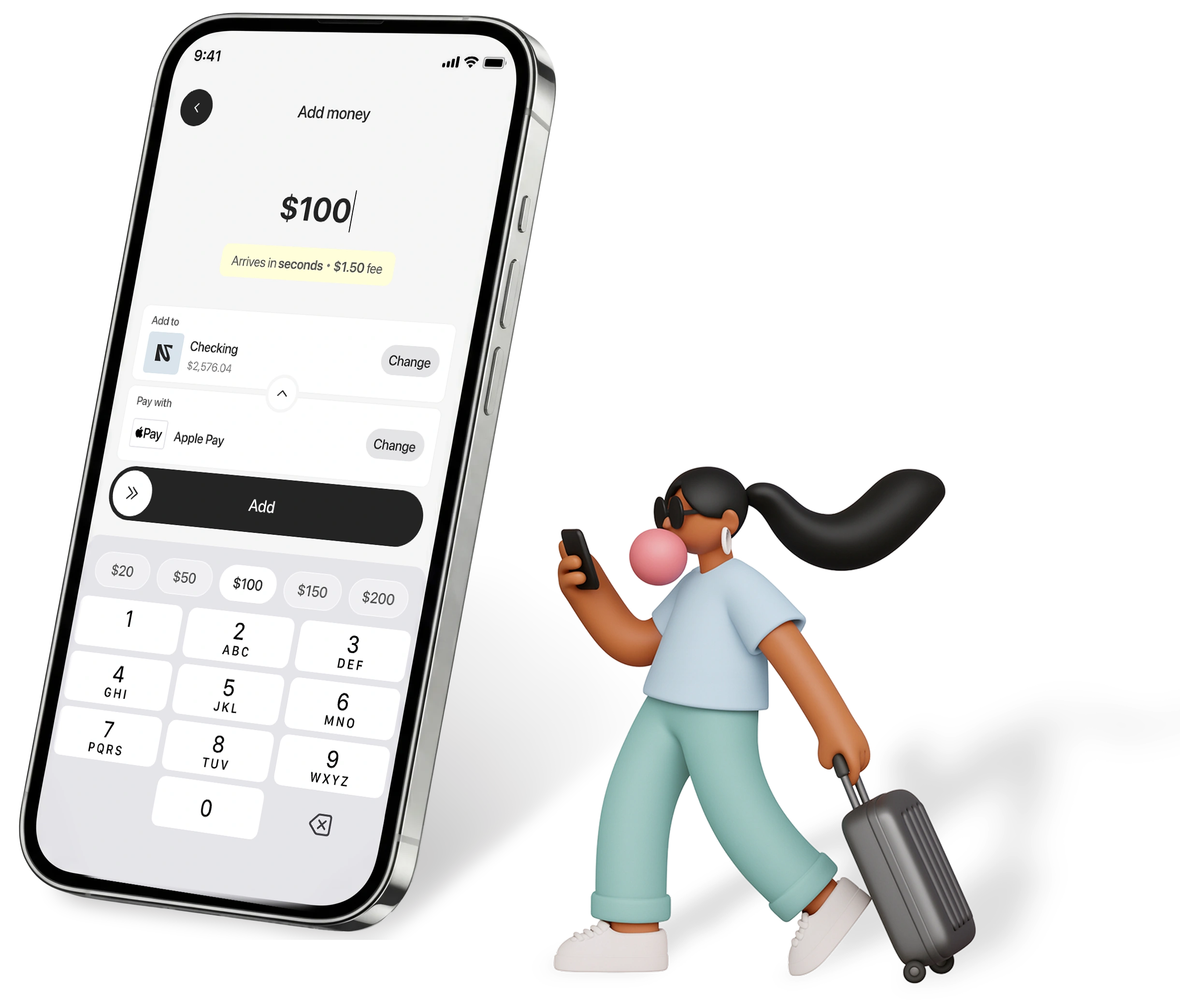 Normies app transfer screen showing global send and receive options with bank rails