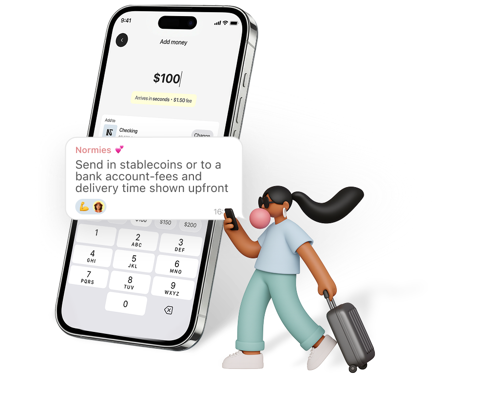 Normies bank transfer mobile view — send and receive money worldwide