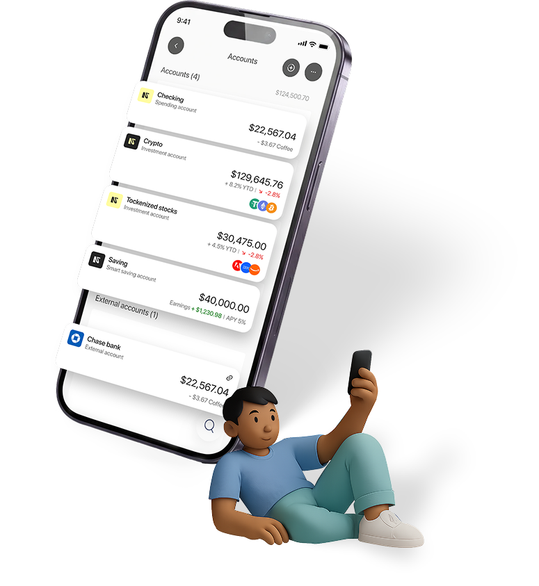 Normies account selection mobile view showing checking, savings, and crypto options
