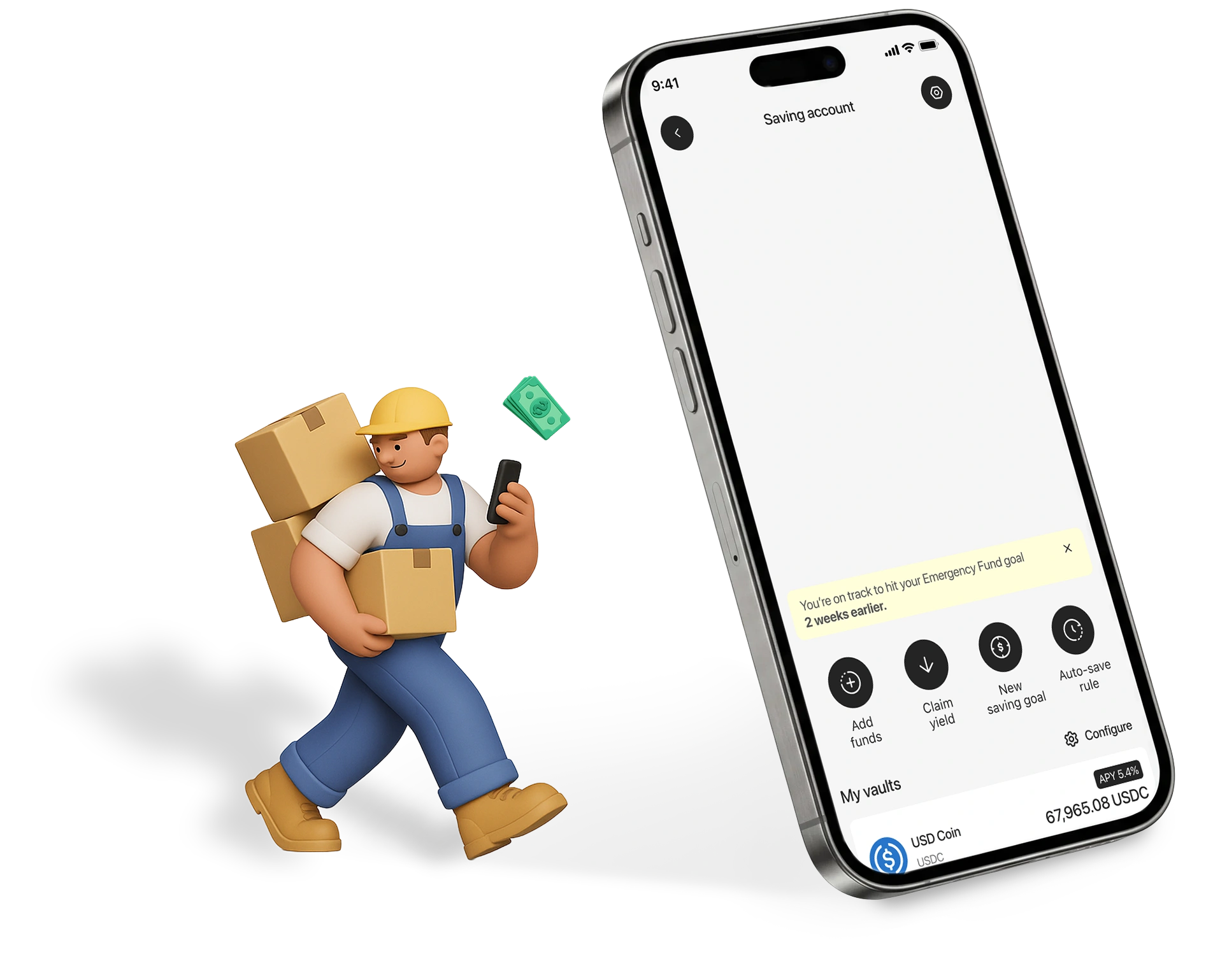 Normies savings screen showing auto-yield deposits with stablecoin and crypto support