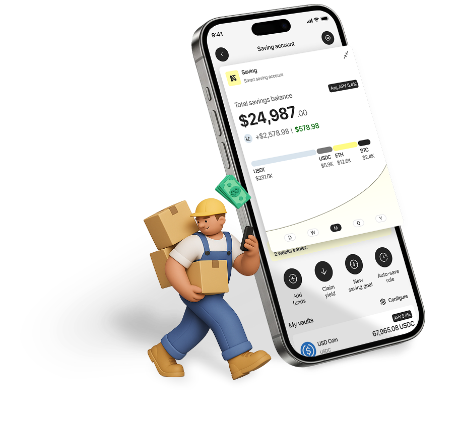 Normies savings account mobile view with auto-yield and goal-based saving